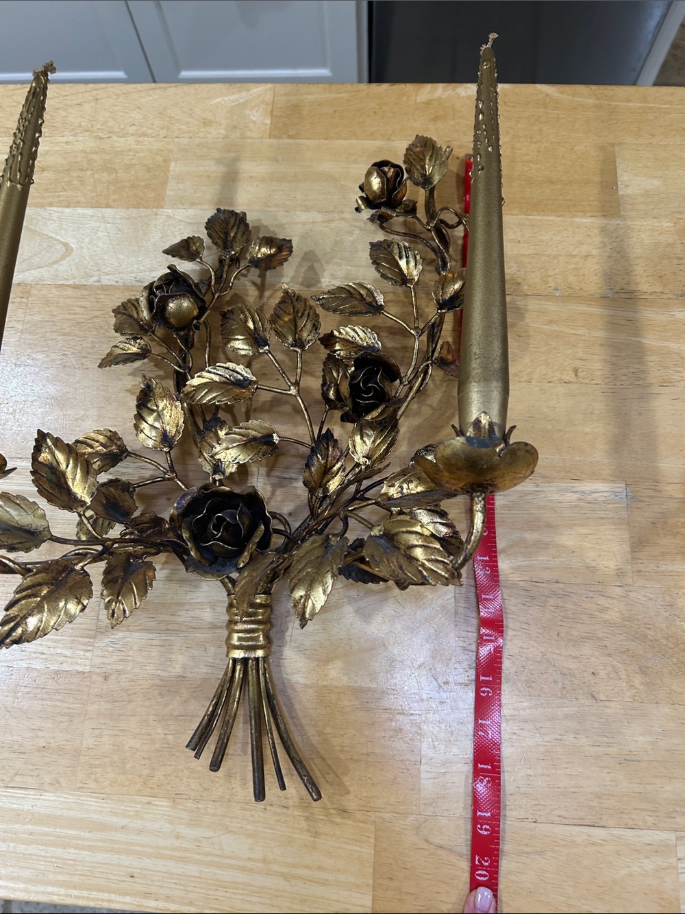 FABULOUS PAIR RARE VINTAGE ITALIAN GILT ROSE DOUBLE WALL SCONCES - Picture 7 of 16